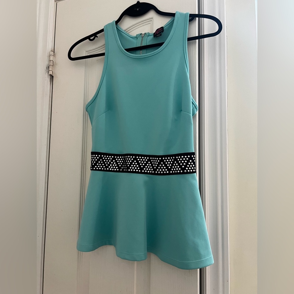 2B Bebe Teal Sleeveless Peplum Top with Black Studded Waist and Cut Out Back